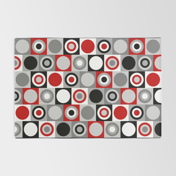Mid Century Modern Geometric Square and Circle Pattern // Red, Gray, Black and White Rug Gallery Image 2