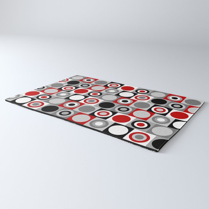 Mid Century Modern Geometric Square and Circle Pattern // Red, Gray, Black and White Rug Gallery Image 3