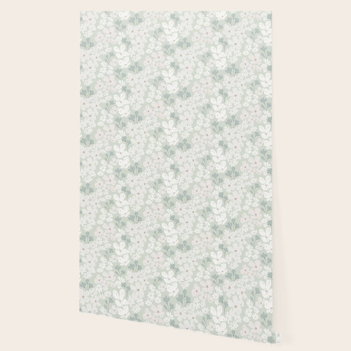 Soft meadow blooms - muted mint, dusty green and beige floral pattern Wallpaper Gallery Image 2