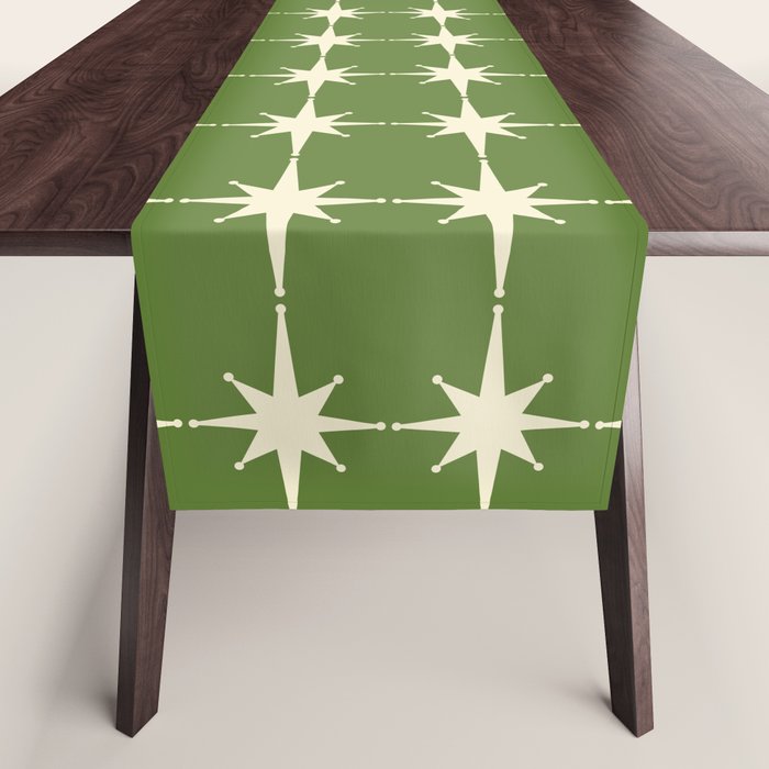 Mid Century Modern Atomic Starburst Grid Retro Christmas Green and Cream Table Runner Gallery Image 1