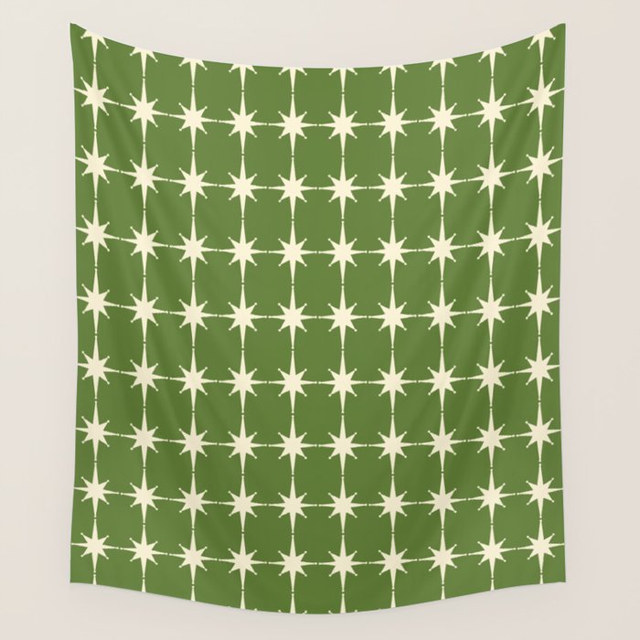 Mid Century Modern Atomic Starburst Grid Retro Christmas Green and Cream Wall Tapestry Gallery Image 4