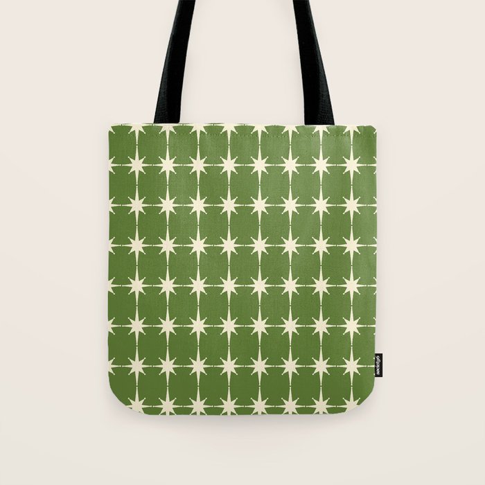 Mid Century Modern Atomic Starburst Grid Retro Christmas Green and Cream Tote Bag Gallery Image 1