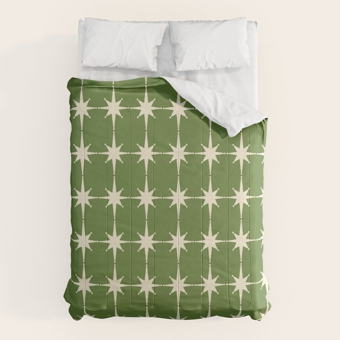 Mid Century Modern Atomic Starburst Grid Retro Christmas Green and Cream Comforter Gallery Image 6