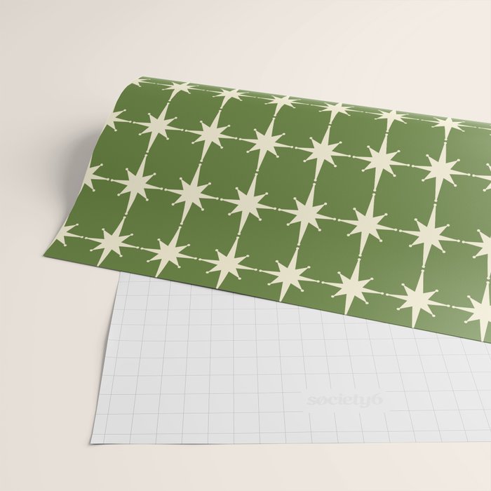 Mid Century Modern Atomic Starburst Grid Retro Christmas Green and Cream Wrapping Paper Gallery Image 2