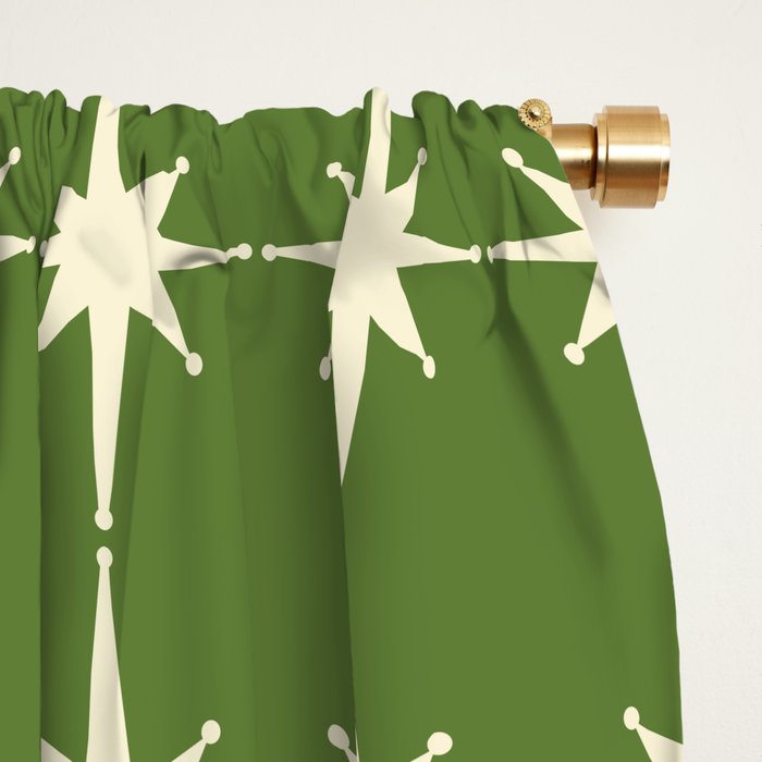Mid Century Modern Atomic Starburst Grid Retro Christmas Green and Cream Window Curtain Gallery Image 2