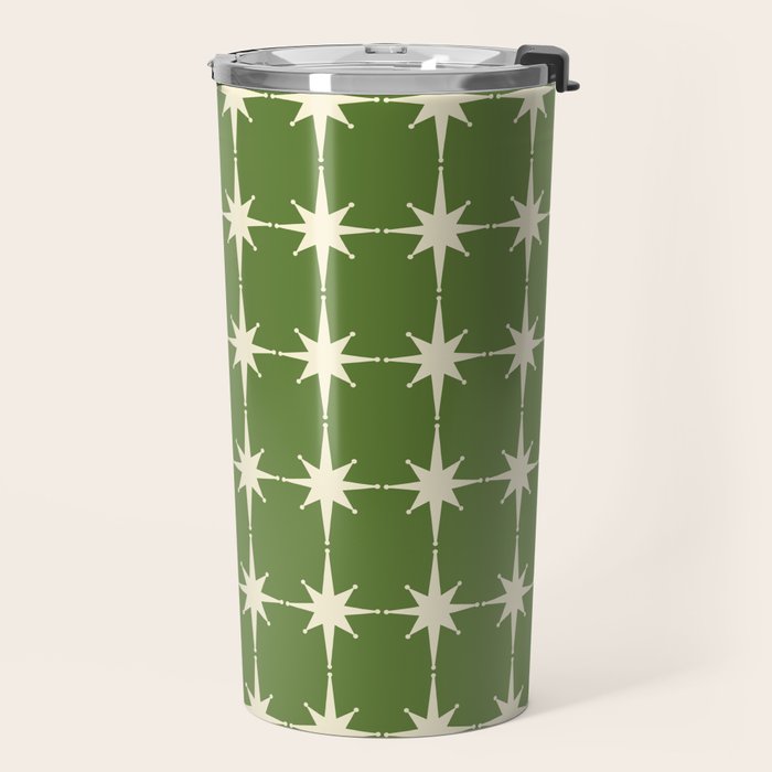 Mid Century Modern Atomic Starburst Grid Retro Christmas Green and Cream Travel Mug Gallery Image 2