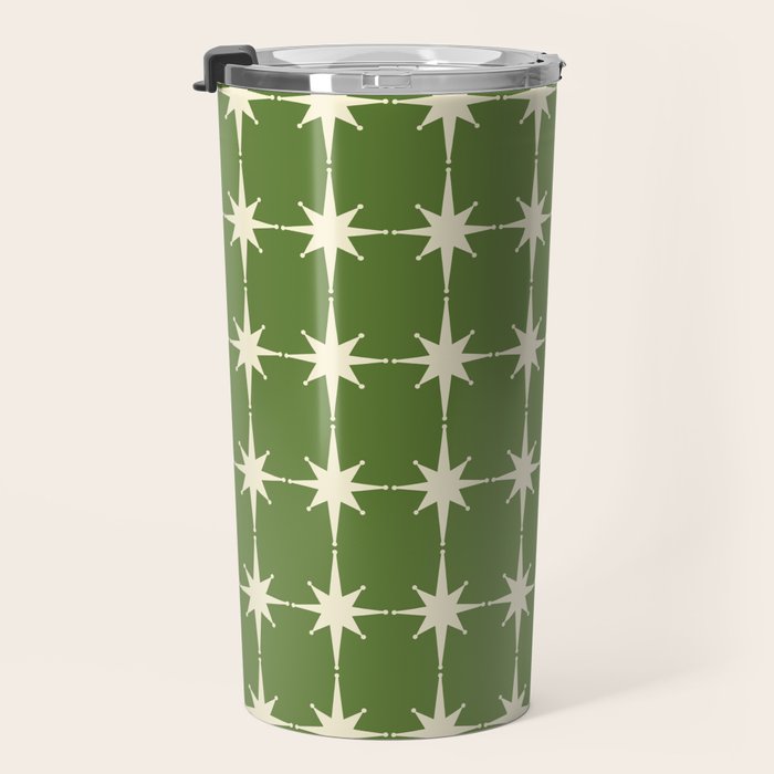 Mid Century Modern Atomic Starburst Grid Retro Christmas Green and Cream Travel Mug Gallery Image 3
