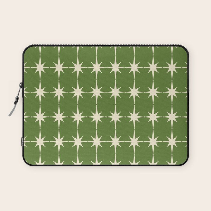Mid Century Modern Atomic Starburst Grid Retro Christmas Green and Cream Laptop Sleeve Gallery Image 1