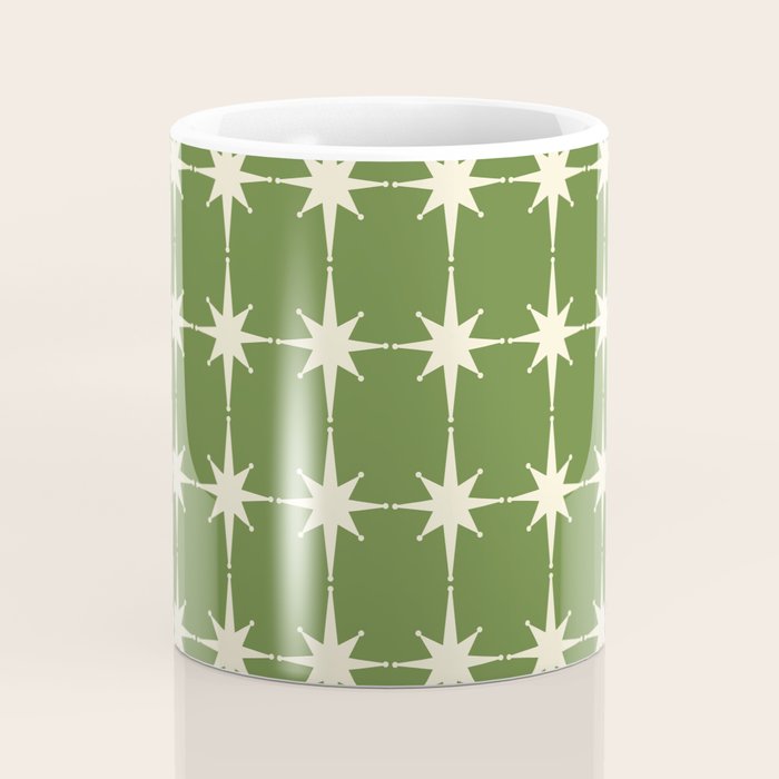 Mid Century Modern Atomic Starburst Grid Retro Christmas Green and Cream Coffee Mug Gallery Image 4