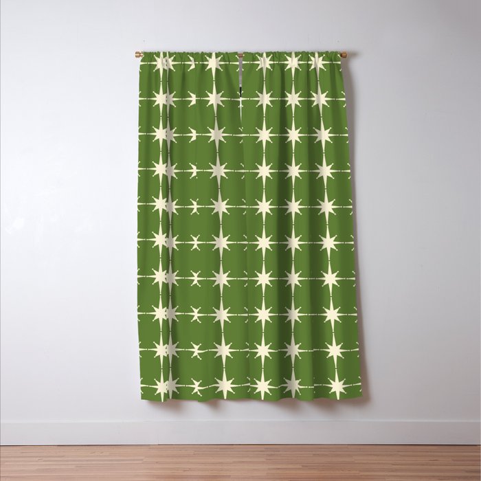 Mid Century Modern Atomic Starburst Grid Retro Christmas Green and Cream Window Curtain Gallery Image 3