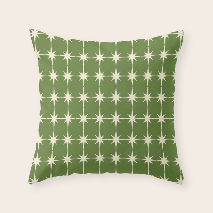 Mid Century Modern Atomic Starburst Grid Retro Christmas Green and Cream Throw Pillow Gallery Image 6