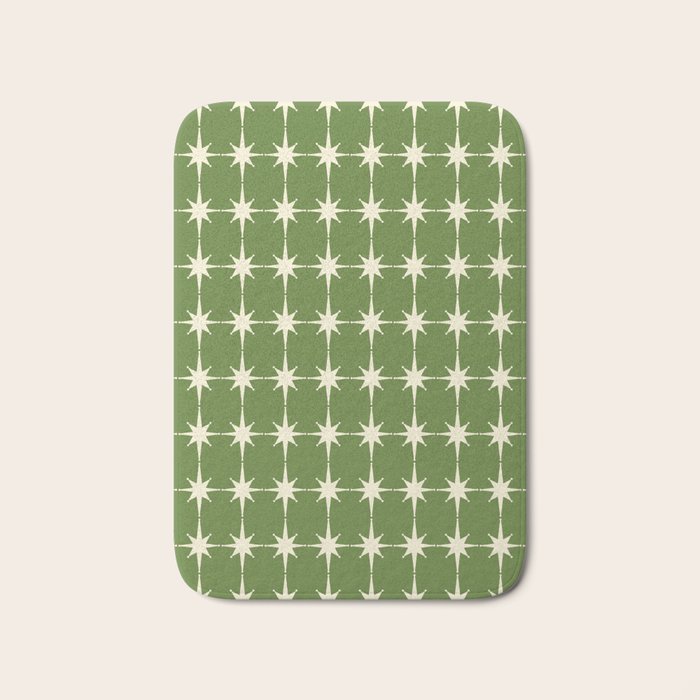 Mid Century Modern Atomic Starburst Grid Retro Christmas Green and Cream Bath Mat Gallery Image 1