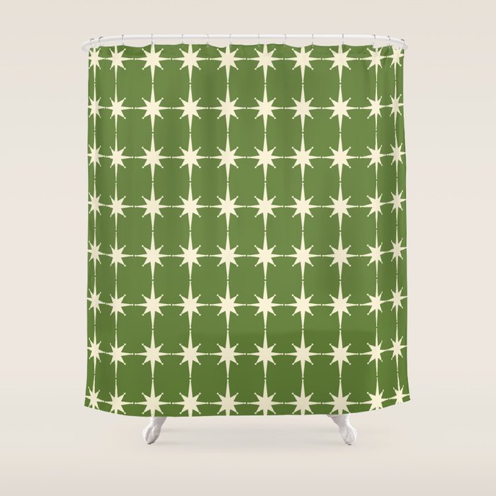 Mid Century Modern Atomic Starburst Grid Retro Christmas Green and Cream Shower Curtain Gallery Image 1