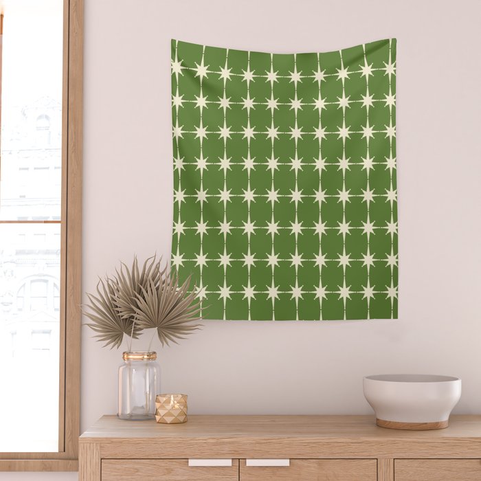 Mid Century Modern Atomic Starburst Grid Retro Christmas Green and Cream Wall Tapestry Gallery Image 2