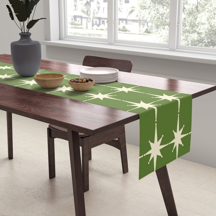 Mid Century Modern Atomic Starburst Grid Retro Christmas Green and Cream Table Runner Gallery Image 2
