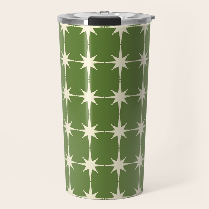 Mid Century Modern Atomic Starburst Grid Retro Christmas Green and Cream Travel Mug Gallery Image 1