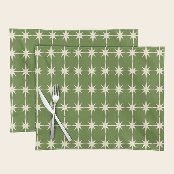 Mid Century Modern Atomic Starburst Grid Retro Christmas Green and Cream Placemat Gallery Image 1