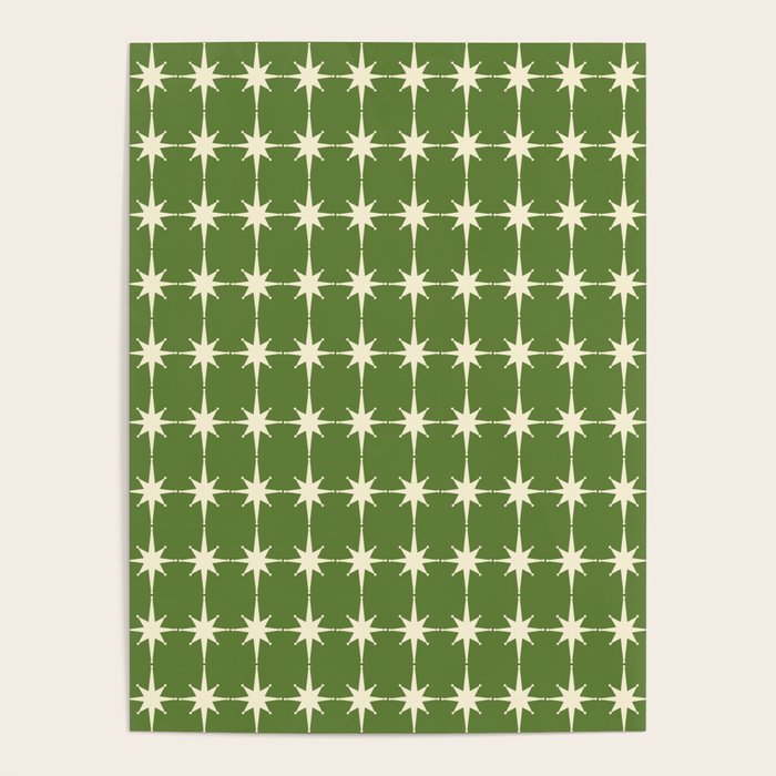 Mid Century Modern Atomic Starburst Grid Retro Christmas Green and Cream Poster Gallery Image 1