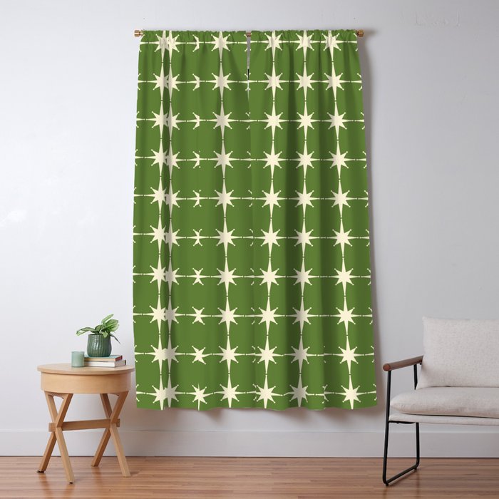 Mid Century Modern Atomic Starburst Grid Retro Christmas Green and Cream Window Curtain Gallery Image 1