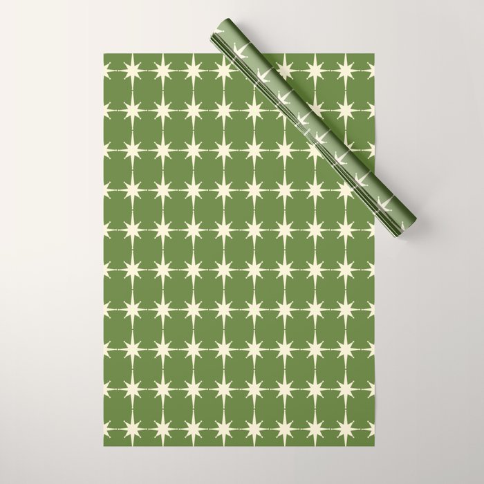 Mid Century Modern Atomic Starburst Grid Retro Christmas Green and Cream Wrapping Paper Gallery Image 1