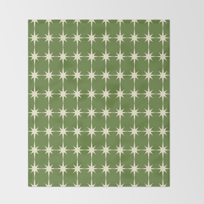 Mid Century Modern Atomic Starburst Grid Retro Christmas Green and Cream Throw Blanket Gallery Image 2