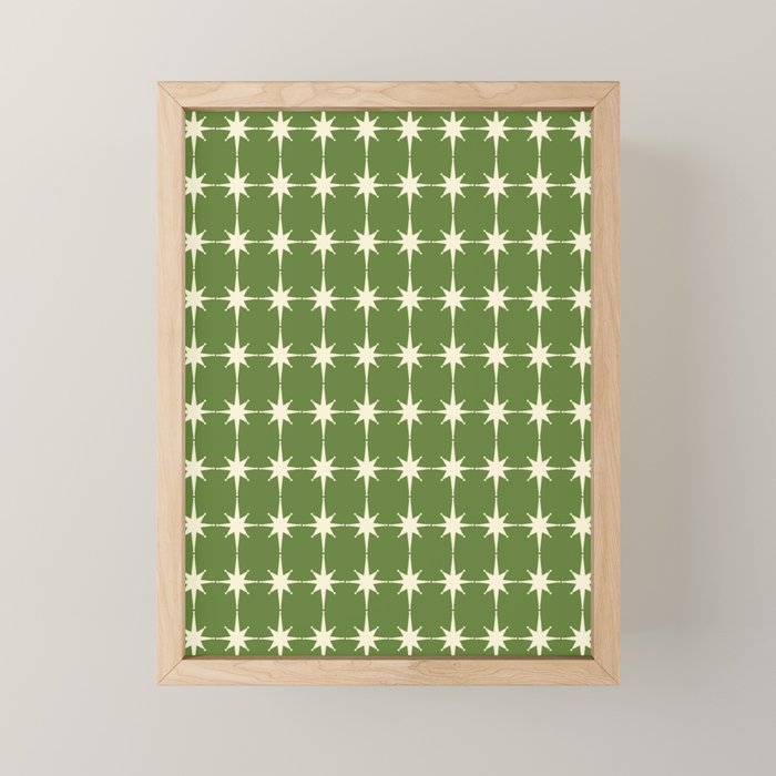 Mid Century Modern Atomic Starburst Grid Retro Christmas Green and Cream Mini Art Print Gallery Image 1