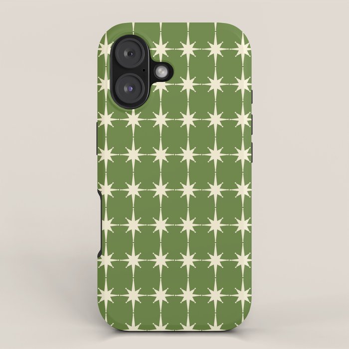 Mid Century Modern Atomic Starburst Grid Retro Christmas Green and Cream iPhone Case Gallery Image 1