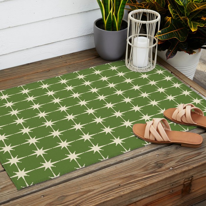 Mid Century Modern Atomic Starburst Grid Retro Christmas Green and Cream Outdoor Rug Gallery Image 2