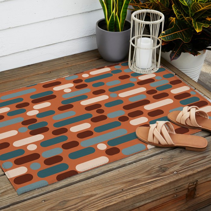 Morningside Heights Mid Century Modern Pattern in Steel Blue, Cream, Maroon, Orange Outdoor Rug Gallery Image 2