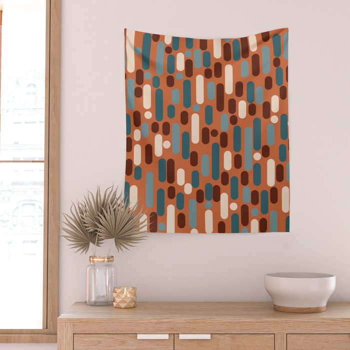 Morningside Heights Mid Century Modern Pattern in Steel Blue, Cream, Maroon, Orange Wall Tapestry Gallery Image 2