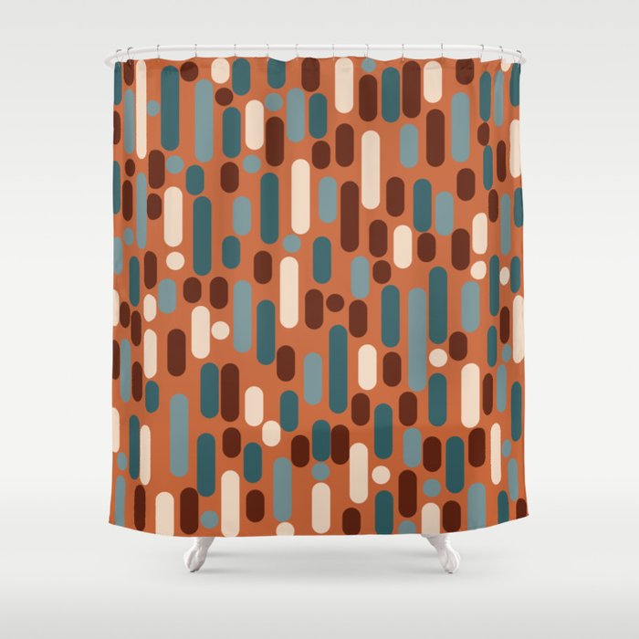 Morningside Heights Mid Century Modern Pattern in Steel Blue, Cream, Maroon, Orange Shower Curtain Gallery Image 1