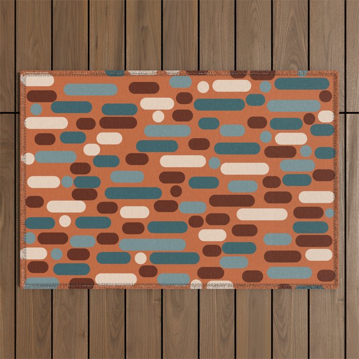 Morningside Heights Mid Century Modern Pattern in Steel Blue, Cream, Maroon, Orange Outdoor Rug Gallery Image 1