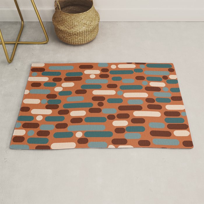 Morningside Heights Mid Century Modern Pattern in Steel Blue, Cream, Maroon, Orange Rug Gallery Image 1