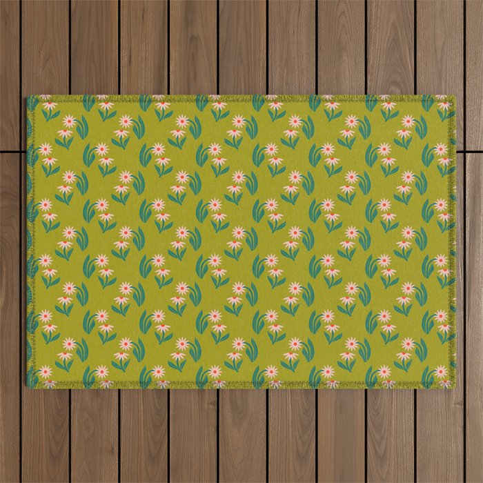 Pink Daisy Pattern - Green Outdoor Rug Gallery Image 1