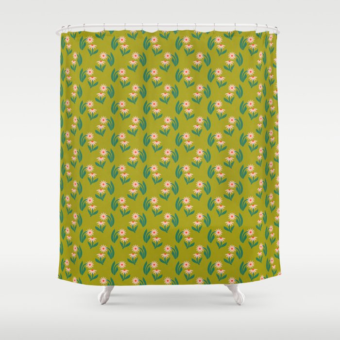 Pink Daisy Pattern - Green Shower Curtain Gallery Image 1