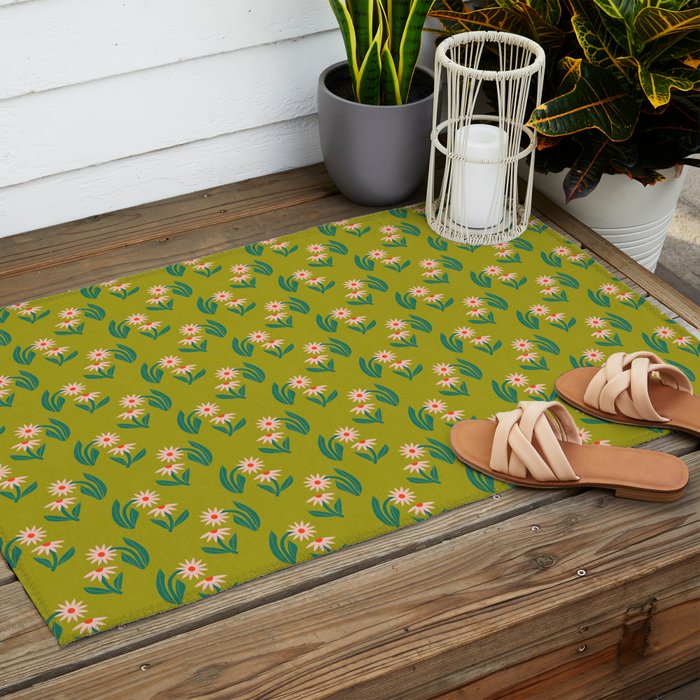 Pink Daisy Pattern - Green Outdoor Rug Gallery Image 2