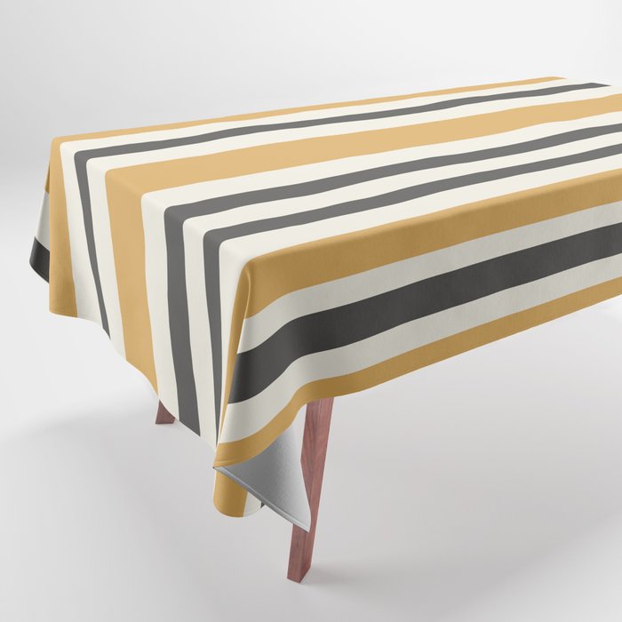 Striped Muted Gold and Charcoal Variable Stripe Retro Modern Pattern Tablecloth Gallery Image 1