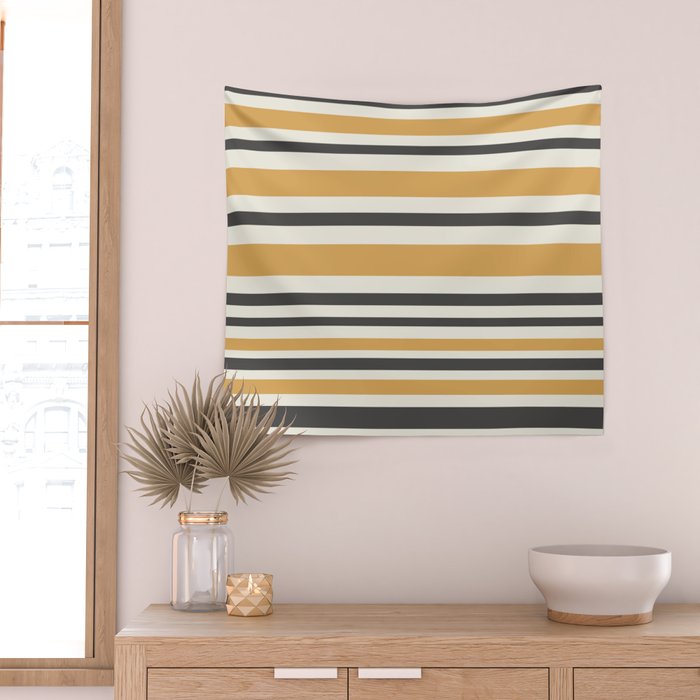 Striped Muted Gold and Charcoal Variable Stripe Retro Modern Pattern Wall Tapestry Gallery Image 2
