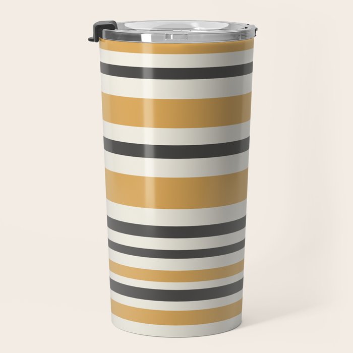 Striped Muted Gold and Charcoal Variable Stripe Retro Modern Pattern Travel Mug Gallery Image 3