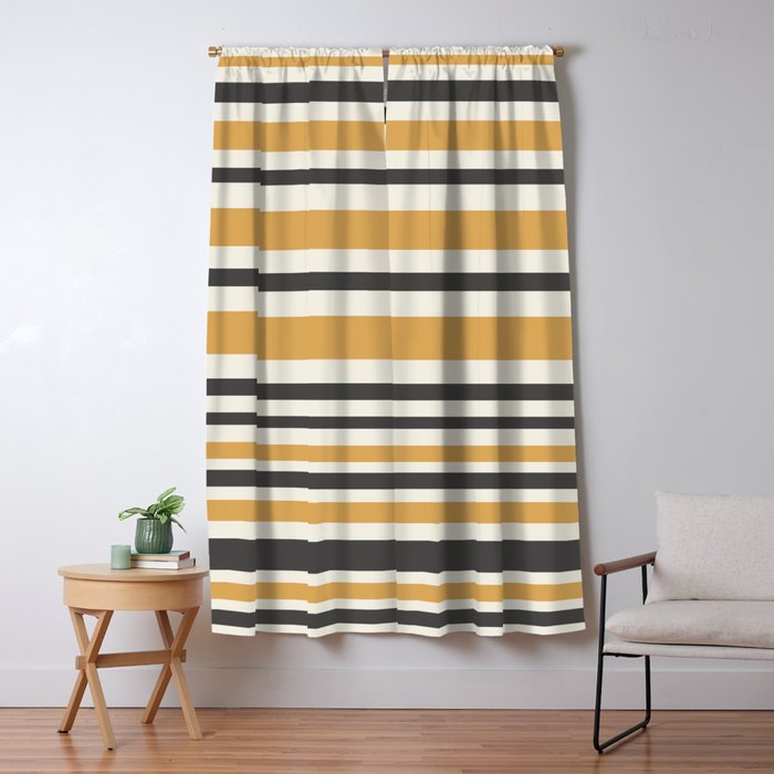Striped Muted Gold and Charcoal Variable Stripe Retro Modern Pattern Window Curtain Gallery Image 5