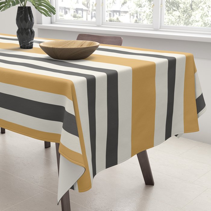 Striped Muted Gold and Charcoal Variable Stripe Retro Modern Pattern Tablecloth Gallery Image 3