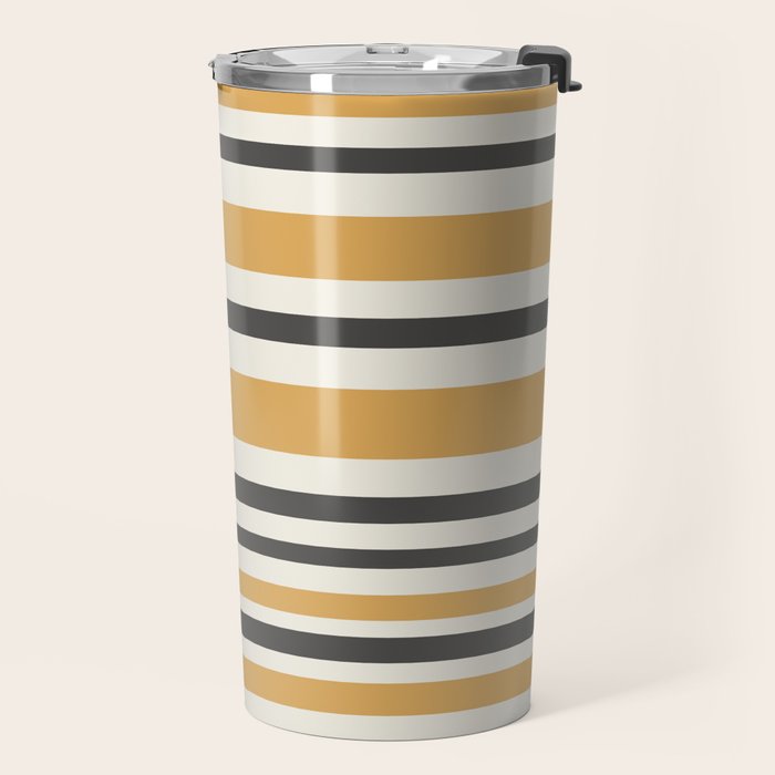 Striped Muted Gold and Charcoal Variable Stripe Retro Modern Pattern Travel Mug Gallery Image 2