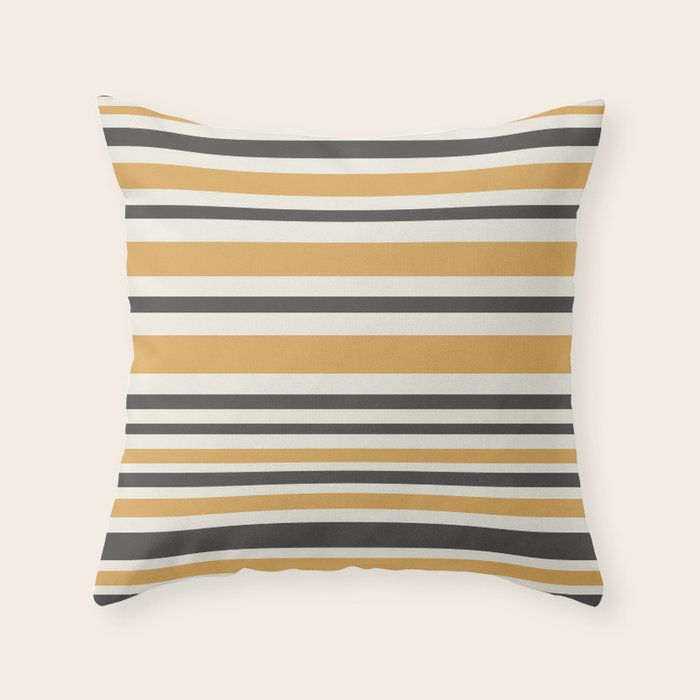 Striped Muted Gold and Charcoal Variable Stripe Retro Modern Pattern Throw Pillow Gallery Image 1
