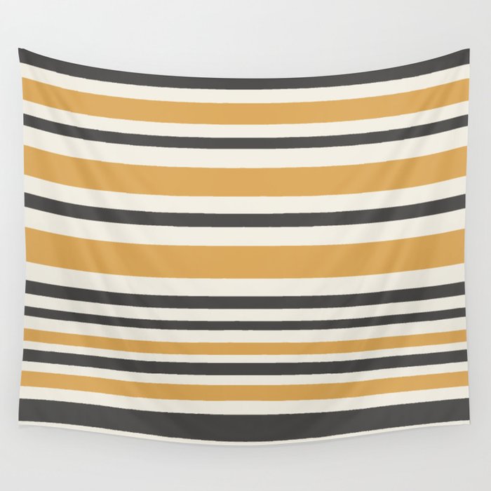 Striped Muted Gold and Charcoal Variable Stripe Retro Modern Pattern Wall Tapestry Gallery Image 4