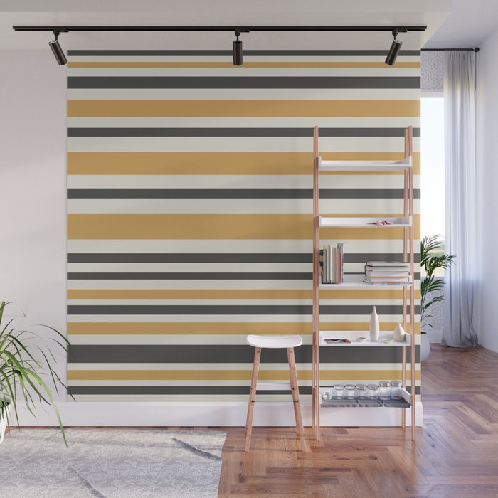 Striped Muted Gold and Charcoal Variable Stripe Retro Modern Pattern Wall Mural Gallery Image 1