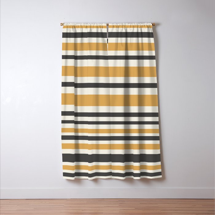 Striped Muted Gold and Charcoal Variable Stripe Retro Modern Pattern Window Curtain Gallery Image 3