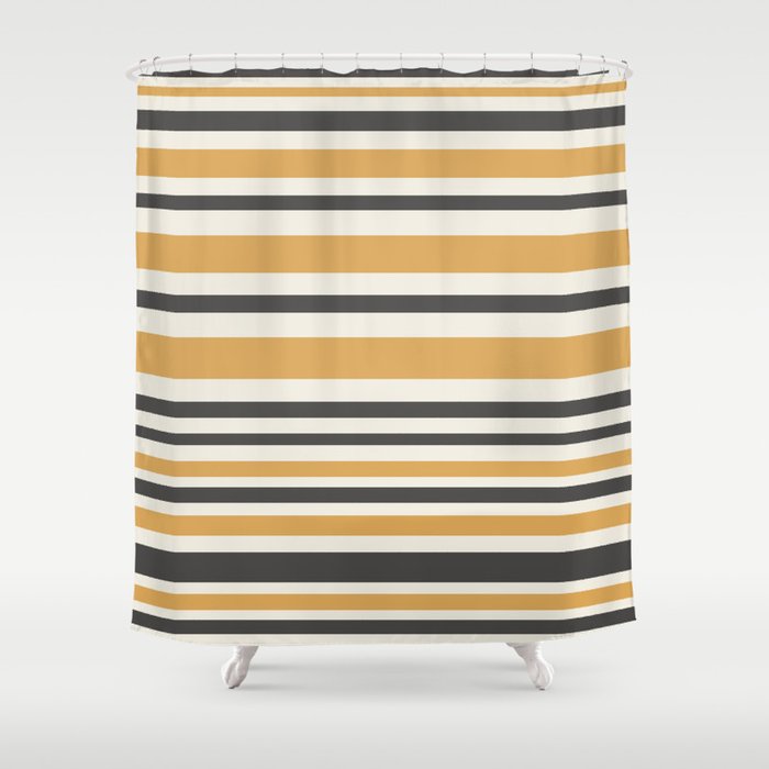 Striped Muted Gold and Charcoal Variable Stripe Retro Modern Pattern Shower Curtain Gallery Image 1