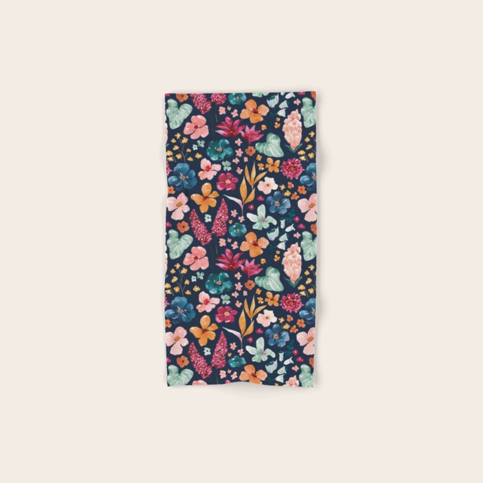 Colorful Tropical Jungle Watercolor Botanical Floral on Navy Blue Bath Towel Gallery Image 1