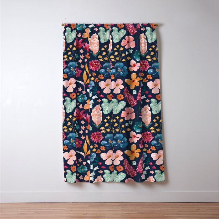 Colorful Tropical Jungle Watercolor Botanical Floral on Navy Blue Window Curtain Gallery Image 3