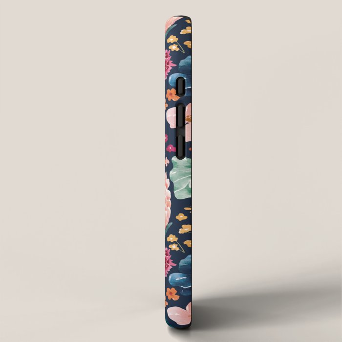 Colorful Tropical Jungle Watercolor Botanical Floral on Navy Blue iPhone Case Gallery Image 2